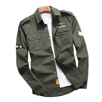 Jekop Men Long Sleeve Cotton Shirt Outdoor Workwear Army Green 5XL