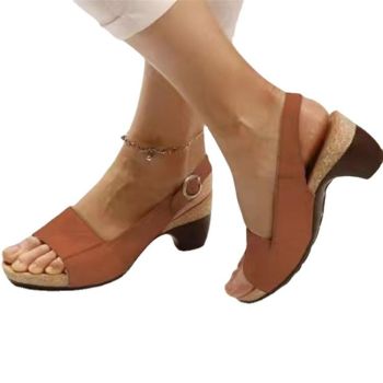 Women Chunky Heel Sandals Buckle Strap PU Rubber Beige White 38