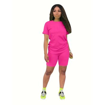 Ishilian Women Solid Color Polyester Spandex Casual Suit fluorescent green XXXL