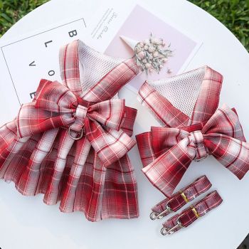 Plaid Pet Dog Cat Vest Harness with Skirt 273 Vest Traction Wine Red S (recommended 1.50 kg-2.50 kg pets)