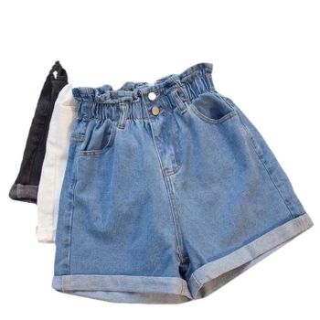 Women Denim Shorts High Waist Wide Leg Cotton Black Gray 5XL