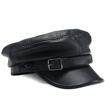 Nine Cloud Dreams Cowhide Beret Flat Top Winter Black snap-fit flat cap