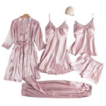 Women Five Piece Sleepwear Set Polyester V Neck Black