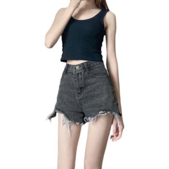 Women High Waist Denim Shorts Summer Cotton Dark Blue 2XL