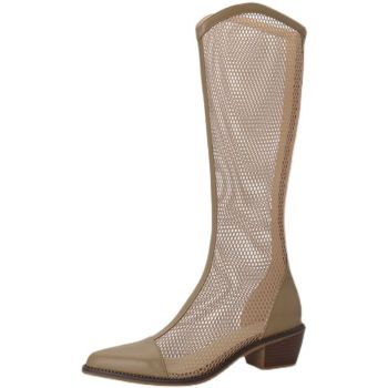 Women Mesh Long Boots Chunky Heel Hollow Black 40