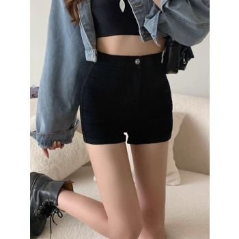 ACEKEO Black Denim Shorts High Waist Polyester