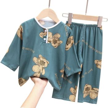 Children Viscose Pajamas Set Thin Unisex Dark green bottom bear head 140 code 125-135cm weight 22.50 kg-25.00 kg
