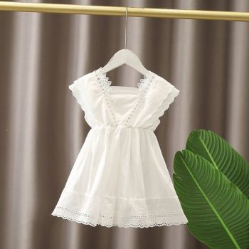 Girls Cotton Suspender Dress Princess Summer White Lace White lace skirt 90cm