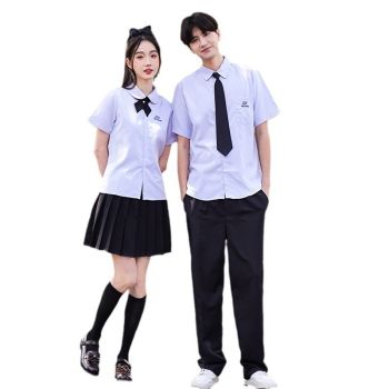 Thai School Uniform Shirt Cotton Blend Embroidery Badge Thai men's long sleeve + black pants + black tie XXL