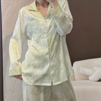 Women Long Sleeve Sleepwear Set Polyester Home Double-length gray# twill sand painting XXL