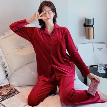 Women Winter Velvet Sleepwear Set Long Sleeve 096# cameo Brown Female L