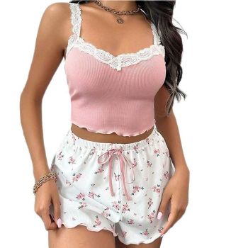 Women Sleepwear Set V Neck Sleeveless Shorts Suit Khaki XXL