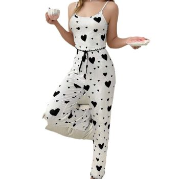Women Polyester Pajamas Set Sleeveless Printed Sleepwear White and Red M