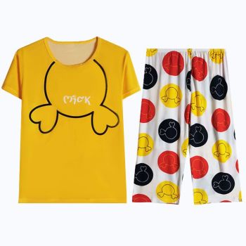 Women Cartoon Pajama Set Summer Thin Polyester S short-sleeved shorts green sleeping cat M