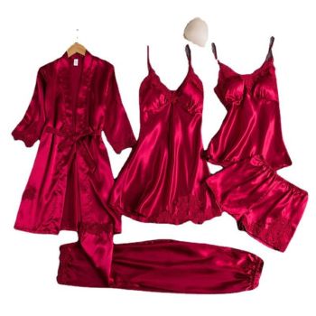 Women Sleepwear Set Long Sleeve Ice Silk Navy Blue XXL