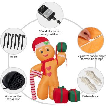 8FT/2.4m Lighted Inflatable Gingerbread Man Christmas Decoration with Candy Cane & Gift Boxes, Outdoor Indoor Holiday Yard Lawn Display with Built-in LED Lights