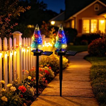 Solar Christmas Tree Garden LED Stake Light, Outdoor Yard Pathway Decoration with Warm or Multicolor Lights, Perfect for Holiday Festive Ambiance in Lawns, Flower Beds, and Fences (Yellow)
