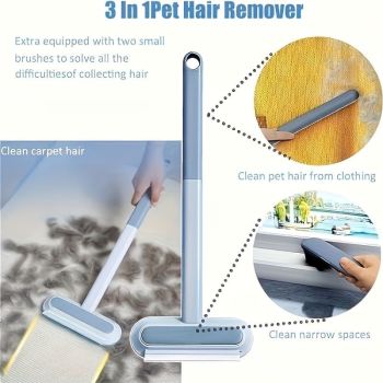 Triple-Action Pet Hair Remover Brush for Cats and Dogs – Reusable Lint Roller with Washable Blue and Grey Fabric Bristles, Durable Plastic Handle, Perfect for Carpets, Upholstery, Clothing, and Car Interiors