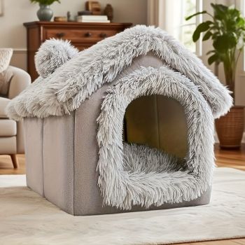 Plush Pet House with Detachable Cushion – Cozy, Warm, and Stylish Indoor Cat or Small Dog Bed – Soft Faux Fur Hideaway with Doorway – Perfect for Year-Round Comfort and Relaxation (M, Grey)
