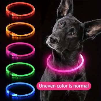 USB Rechargeable LED Glow Pet Collar, Soft Silicone Night Safety Dog & Cat Collar with 6 Colors, 3 Modes, Adjustable Length for Small, Medium, Large Pets, Ideal for Evening Walks and Outdoor Visibility (L, Orange)