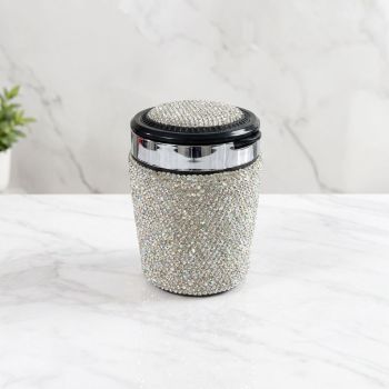 Diamond-Studded Car Ashtray with LED Lid Indicator, Portable Universal Auto Interior Accessory for Smoking Ash Storage, Fits Vehicle Cup Holders, Office Desk and Home Use (Red)