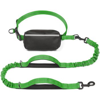 Hands-Free Dog Leash Set with Waist Belt and Storage Pouch, Shock-Absorbing Bungee Leash for Jogging, Walking, and Outdoor Adventures, Reflective Safety Design for Night Use (GrassGreen)