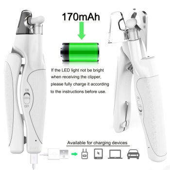 Professional Rechargeable Pet Nail Clipper with LED Light for Cats and Dogs, Safe Trimming and Filing Tool with Safety Lock and Nail Catcher, (White)