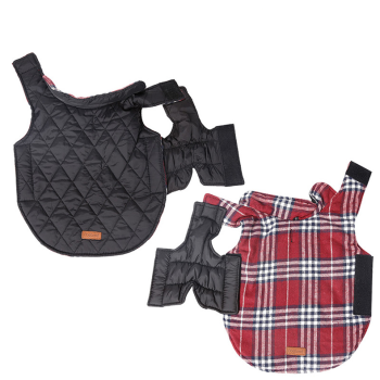 Reversible Winter Dog Coat with Plaid and Quilted Sides, Warm Cotton-Filled Vest for Outdoor Walks, Adjustable Velcro Straps for a Secure Fit (XS, Brown)