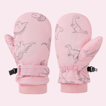 Kids' Dinosaur Patterned Warm Ski Mittens with Waterproof Shell, Adjustable Wrist Straps, and Anti-Loss Clip for Winter Outdoor Play, Snow, and Cold Weather Adventures (L, Grey)