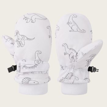 Kids' Dinosaur Patterned Warm Ski Mittens with Waterproof Shell, Adjustable Wrist Straps, and Anti-Loss Clip for Winter Outdoor Play, Snow, and Cold Weather Adventures (L, Pink)
