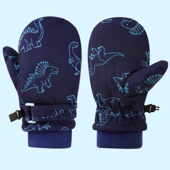Kids' Dinosaur Patterned Warm Ski Mittens with Waterproof Shell, Adjustable Wrist Straps, and Anti-Loss Clip for Winter Outdoor Play, Snow, and Cold Weather Adventures (S, White)