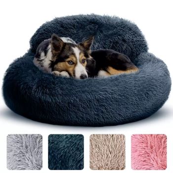 Cozy Plush Donut Pet Bed with Raised Rim, Washable Faux Fur Cat & Dog Couch, Winter Warm Supportive Nest for Small to Large Breeds (L, Brown)