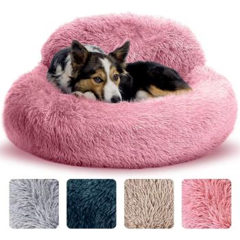 Cozy Plush Donut Pet Bed with Raised Rim, Washable Faux Fur Cat & Dog Couch, Winter Warm Supportive Nest for Small to Large Breeds (L, Navy)