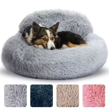 Cozy Plush Donut Pet Bed with Raised Rim, Washable Faux Fur Cat & Dog Couch, Winter Warm Supportive Nest for Small to Large Breeds (S, Pink)