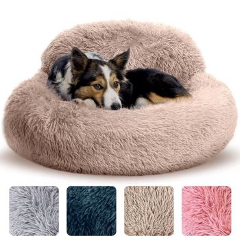Cozy Plush Donut Pet Bed with Raised Rim, Washable Faux Fur Cat & Dog Couch, Winter Warm Supportive Nest for Small to Large Breeds (S, Silver)