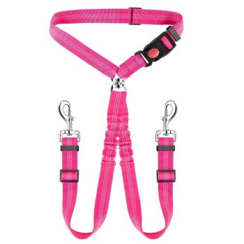 Dual-Head Pet Car Seat Belt with 360° Swivel Tangle-Free Leash for Two Dogs - Adjustable Safety Restraint for Car Travel and Outdoor Walking, Reflective Nylon Webbing (Blue)