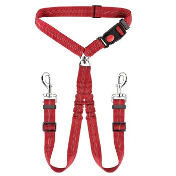 Dual-Head Pet Car Seat Belt with 360° Swivel Tangle-Free Leash for Two Dogs - Adjustable Safety Restraint for Car Travel and Outdoor Walking, Reflective Nylon Webbing (Grey)