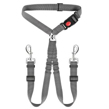 Dual-Head Pet Car Seat Belt with 360° Swivel Tangle-Free Leash for Two Dogs - Adjustable Safety Restraint for Car Travel and Outdoor Walking, Reflective Nylon Webbing (Purple)