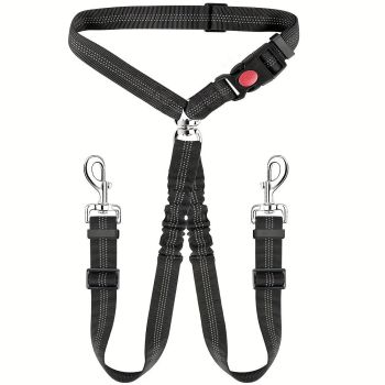 Dual-Head Pet Car Seat Belt with 360° Swivel Tangle-Free Leash for Two Dogs - Adjustable Safety Restraint for Car Travel and Outdoor Walking, Reflective Nylon Webbing (Red)