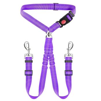 Dual-Head Pet Car Seat Belt with 360° Swivel Tangle-Free Leash for Two Dogs - Adjustable Safety Restraint for Car Travel and Outdoor Walking, Reflective Nylon Webbing (Rose)