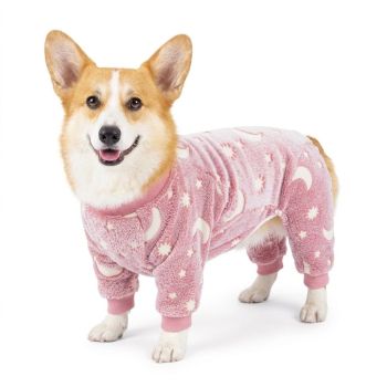 Cozy Winter Pet Fleece Four-Legged Bodysuit, Warm Flannel Full-Body Pajamas for Small to Medium Dogs, Star & Moon Print, Elastic Cuffs for Easy Wear (M, Grey)