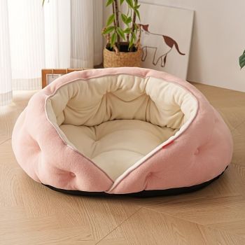 Semi-Enclosed Pet Bed with Plush Comfort and Anti-Slip Base – Ideal for Cats and Small to Medium Dogs Seeking a Cozy, Secure Sleep Spot for All Seasons (L, Pink)