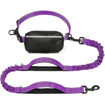 Hands-Free Dog Leash with Waist Belt and Storage Pouch, Shock-Absorbing Bungee Leash for Running, Walking, and Outdoor Adventures, Reflective Safety Design for Night Walks (Lavender)