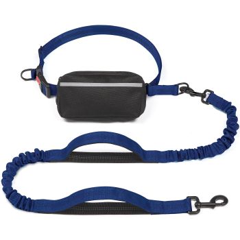 Hands-Free Dog Leash with Waist Belt and Storage Pouch, Shock-Absorbing Bungee Leash for Running, Walking, and Outdoor Adventures, Reflective Safety Design for Night Walks (Purple)