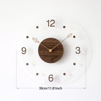 Brown Black Modern Wall Clock Transparent Clock Wooden Centre Clock Leaf Hands Clock