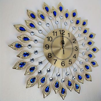 Blue Silver Peacock Wall Clock Crystal Wall Clock Home Decor Clock Large Wall Clock