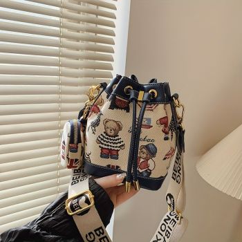 Women'S Bucket Bag Bear Print Handbag Trendy Handbag British Style Bag - Blue - Size 11-14-19
