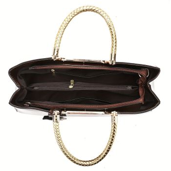 Black Tote Bag Patent Croc Embossed Gold Handles Stylish Accessory High Quality - Burgundy - Size L