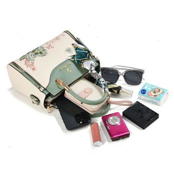 Embroidered Leather Handbag High-Quality Handbag Stylish Handbag Leather Bag - Black - Size L