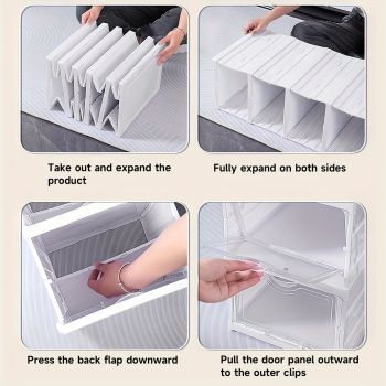 White Black foldable shoe storage boxes, transparent shoe boxes, shoe storage Australia, wardrobe organisers, stackable shoe boxes, collapsible shoe containers, shoe protection boxes, clutter-free storage, home organisation Australia